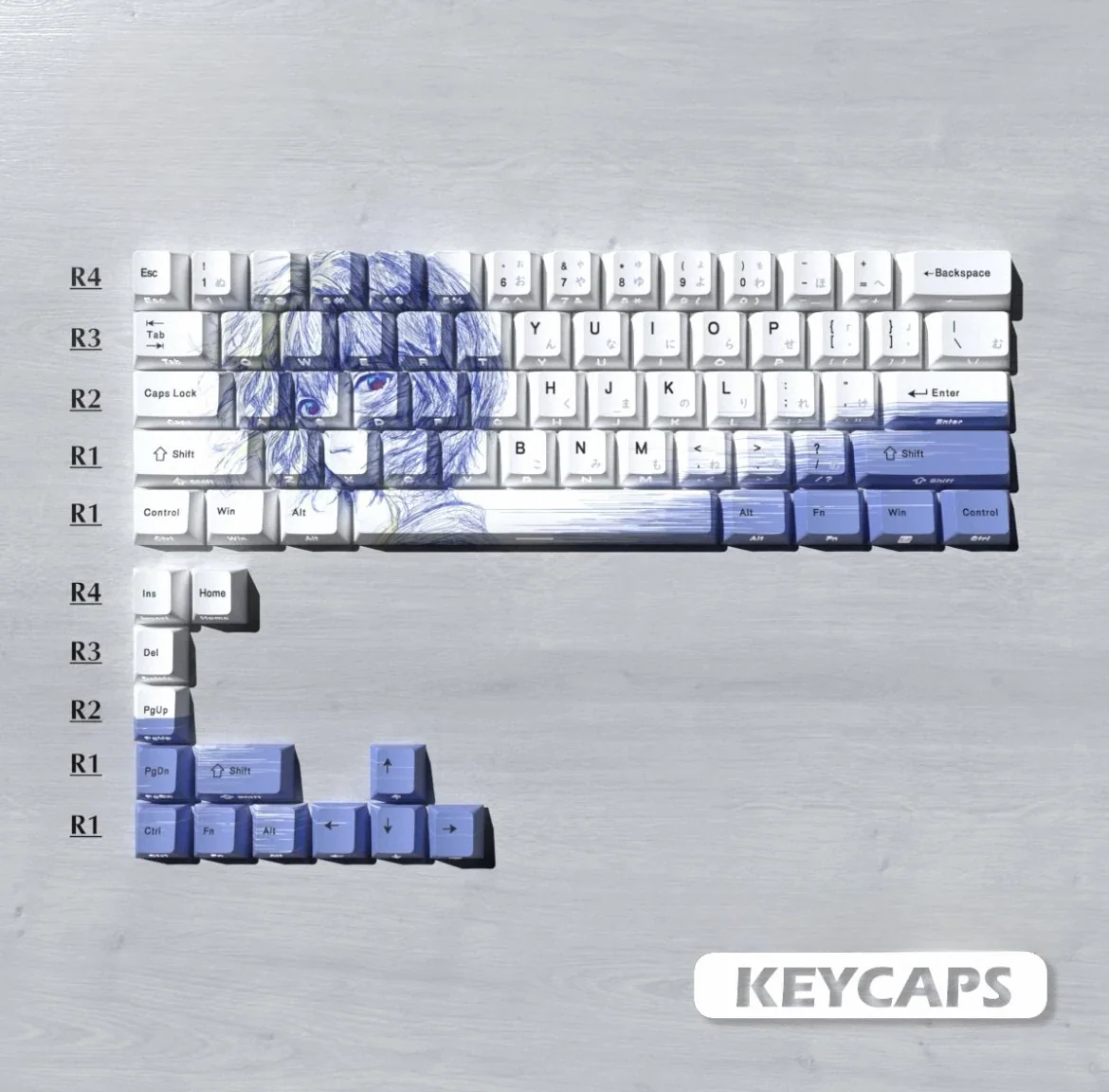 Close-up views of iconic Ayanami Rei line art PBT keycaps set, highlighting their minimalist design and sleek black/blue finish for an artistic keyboard.