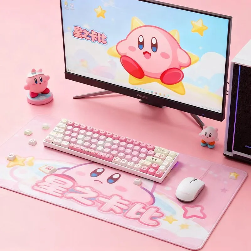 Playful Kirby PBT MOA profile keycaps set from various angles, highlighting vibrant pastel hues, whimsical character art, and durable ergonomic design.