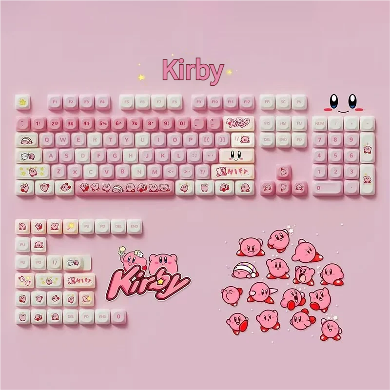 Multiple views of custom Kirby PBT MOA profile keycaps set, showcasing vibrant pastel designs, durable PBT material, and ergonomic MOA profile for mechanical keyboard.