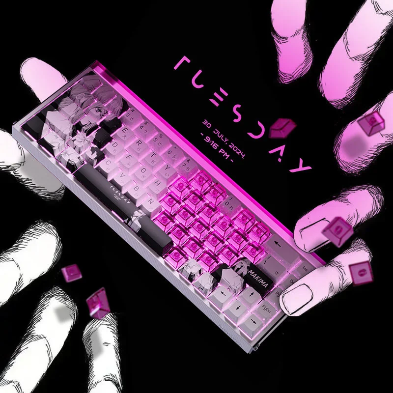 A collection of Makima-themed PBT keycaps set shown from multiple angles, highlighting the sleek side-printed legends and shine-through design for vibrant design.