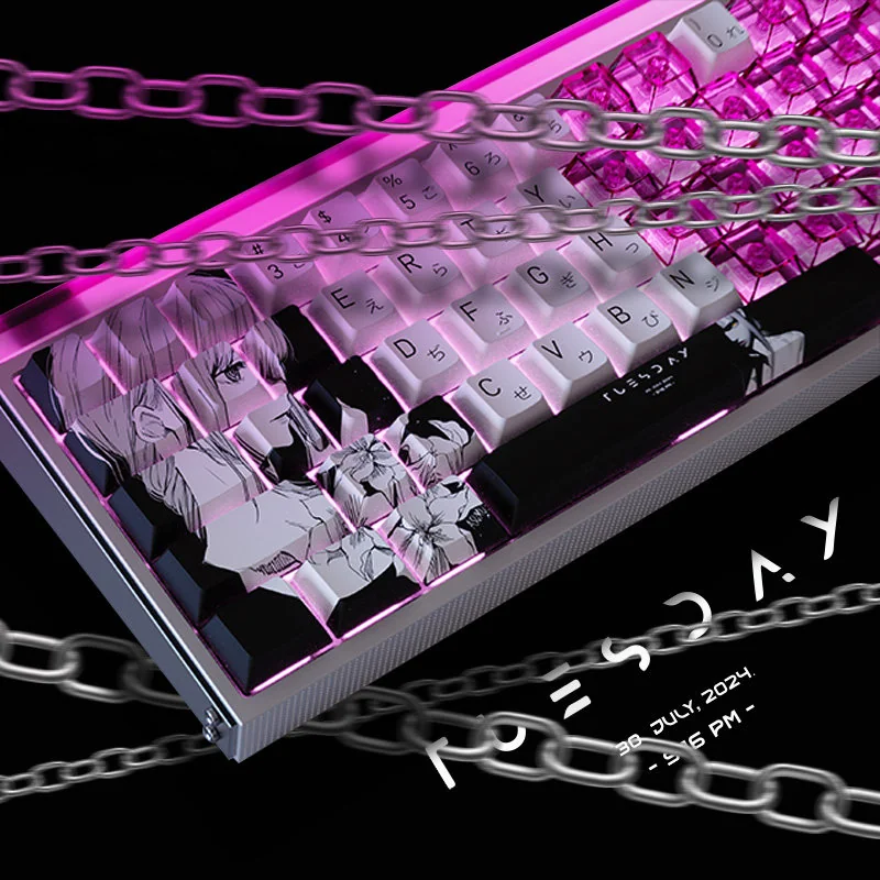 Makima PBT Keycaps Set with sleek side-printed legends, beautifully illuminated by shine-through effect, displayed from various artistic angles.