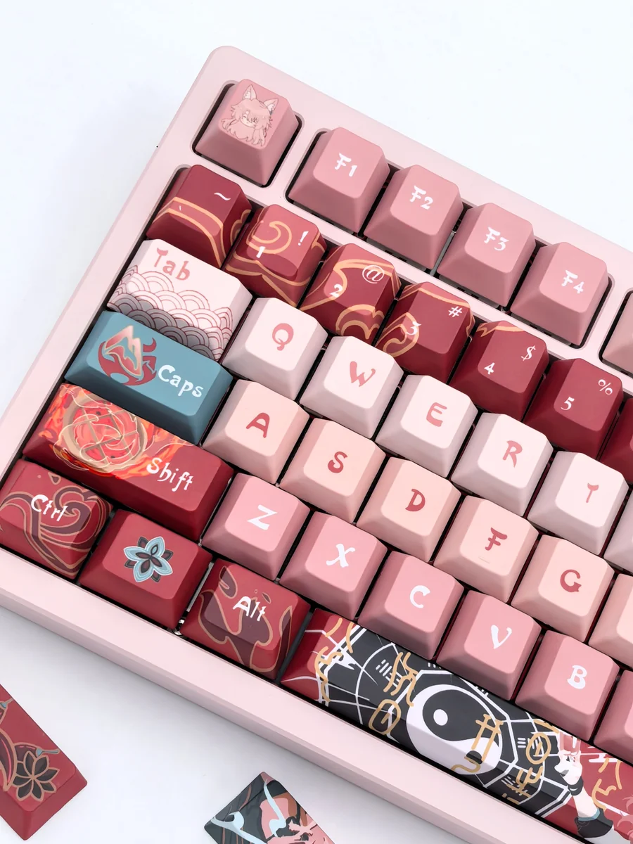 Multiple views of the exclusive Jiaoqiu Honkai Star Rail artisan keycap set, highlighting elegant character designs with intricate, vibrant details.