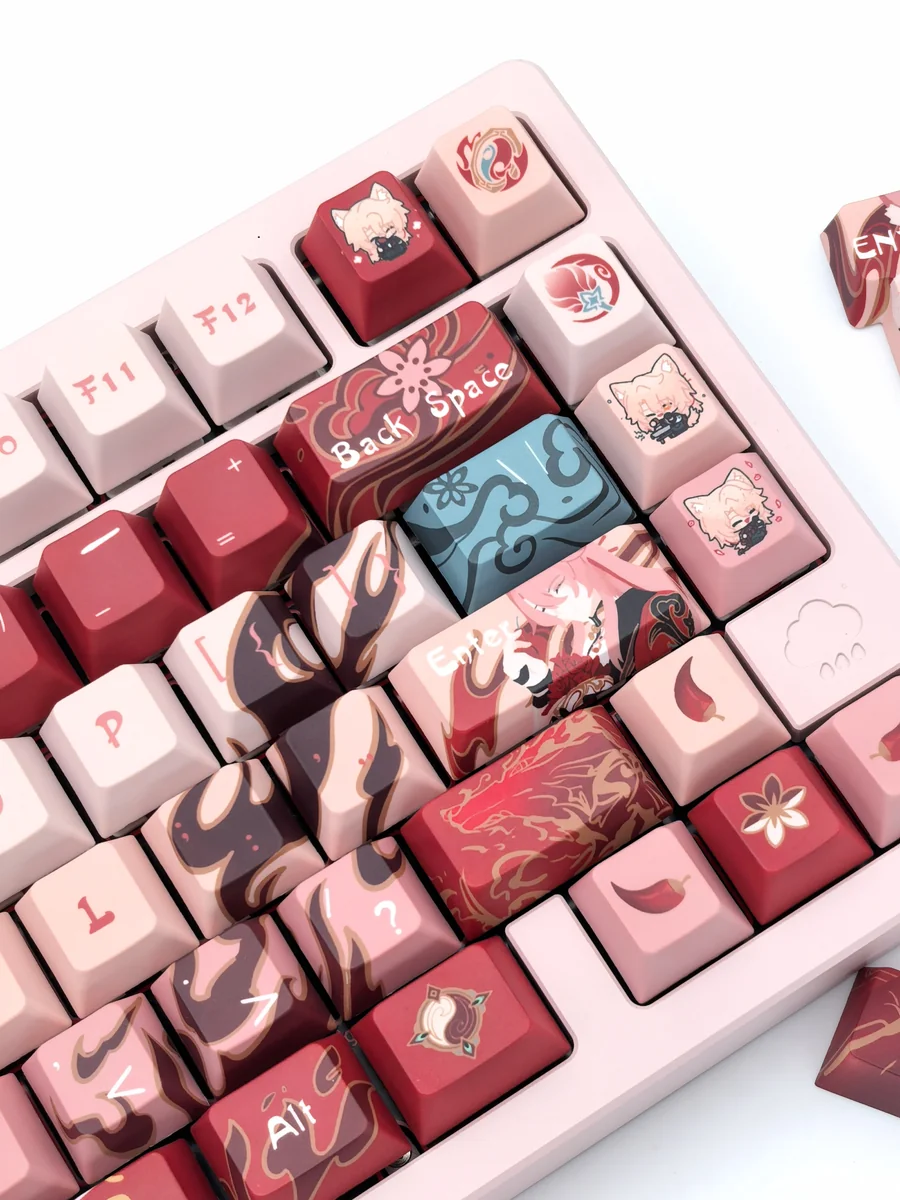 A collection of Jiaoqiu Honkai Star Rail artisan keycaps set, showcasing elegant character designs from multiple angles with intricate, vibrant details.