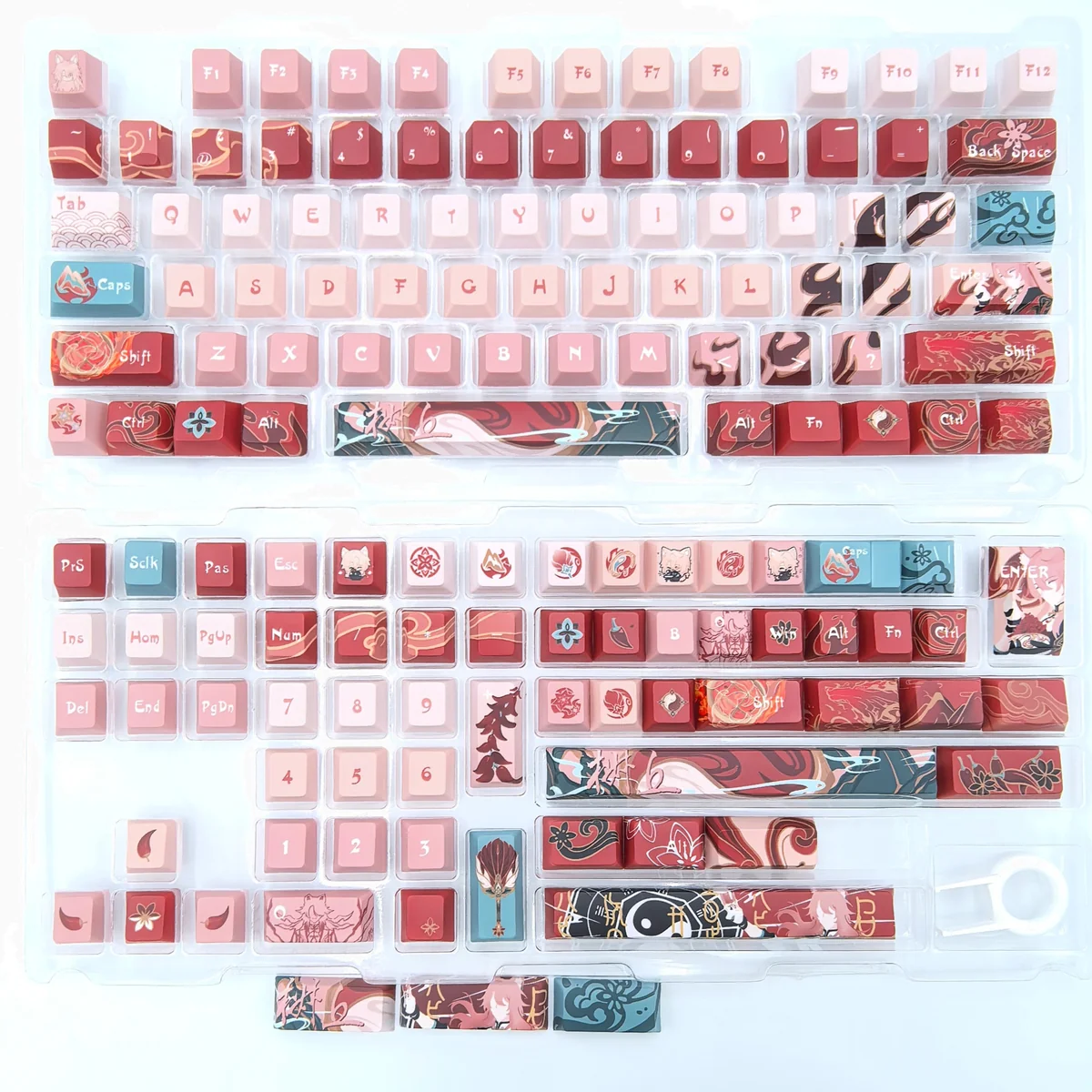 Close-up views of the exclusive Jiaoqiu Honkai Star Rail artisan keycaps set, showcasing their elegant design and intricate, vibrant details from various angles.