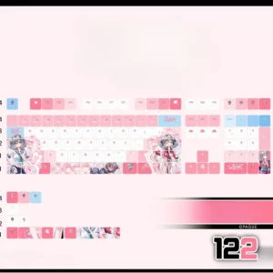Close-up views of the exclusive Jigokudani Sara PBT backlit keycap set, showcasing vibrant anime art and smooth texture from multiple angles, perfect for fans.