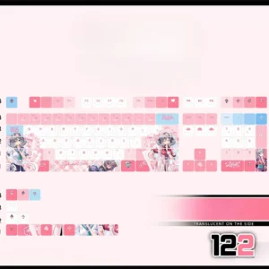 Close-up views of the exclusive Jigokudani Sara PBT backlit keycap set, showcasing vibrant anime art and smooth PBT texture from multiple angles.