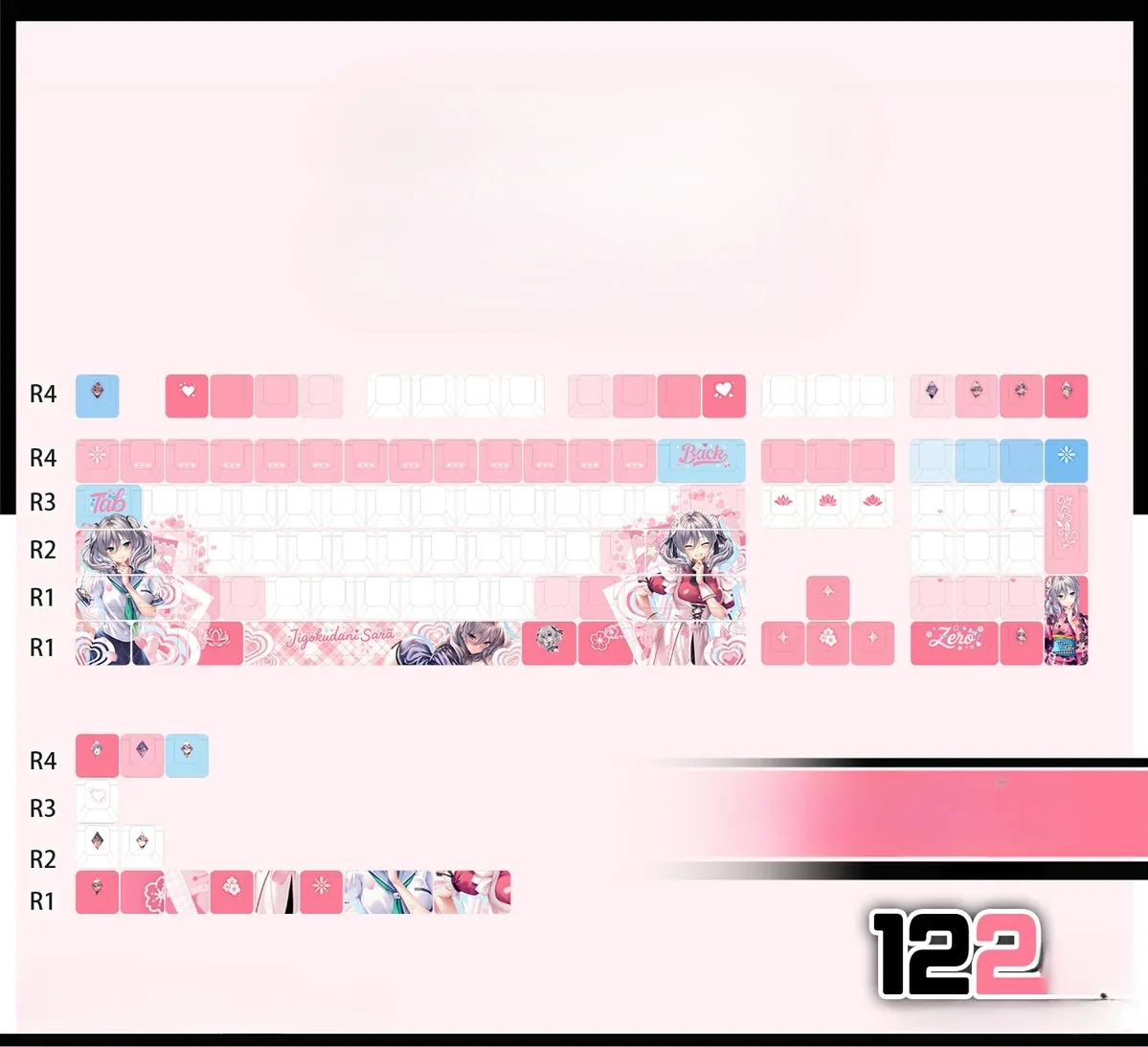 Gallery view of the exclusive Jigokudani Sara PBT backlit keycap set, highlighting vibrant anime art from various playful angles and its smooth texture.