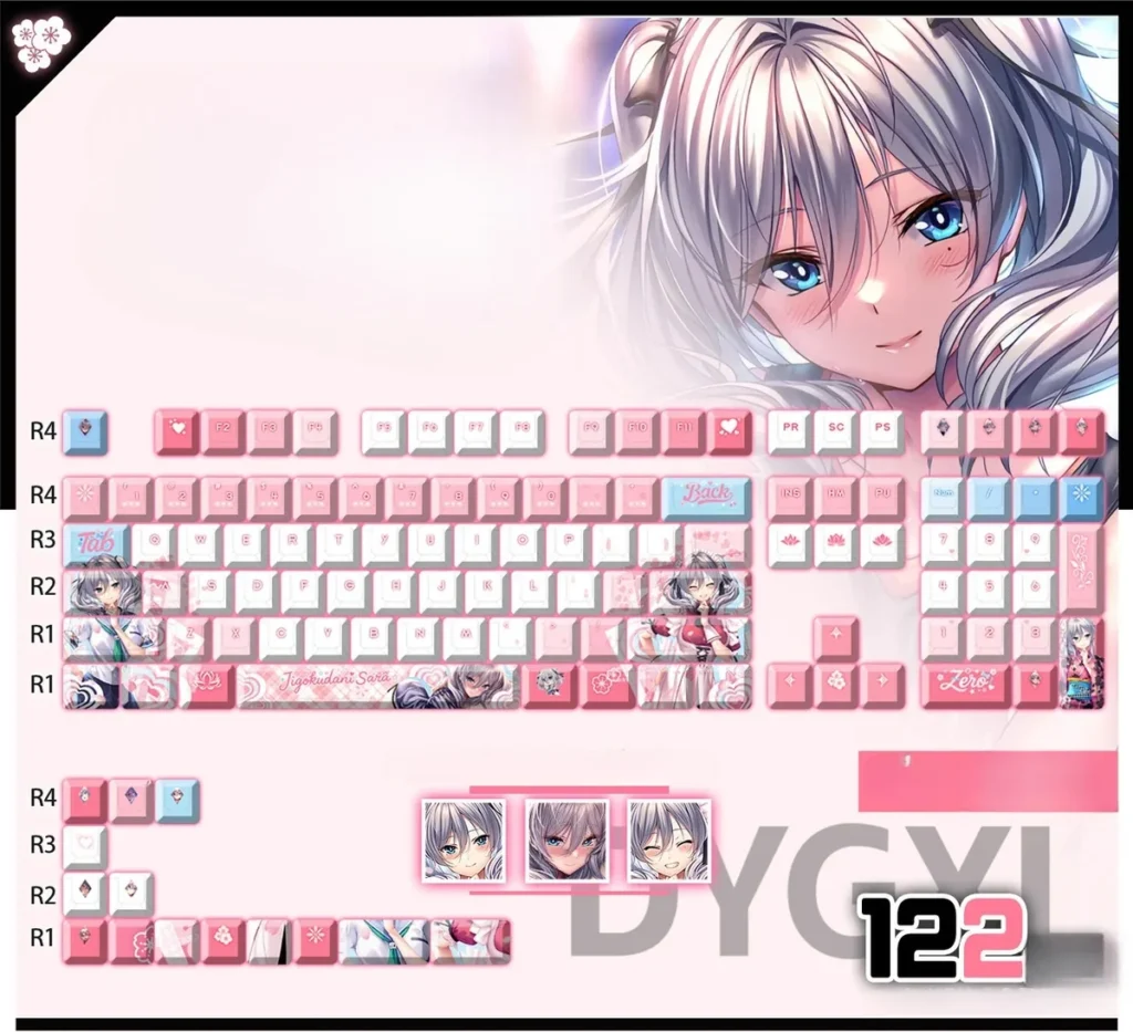 Exclusive Jigokudani Sara PBT backlit keycap set featuring vibrant Sweet Girlfriend anime art, perfect for a playful keyboard upgrade.