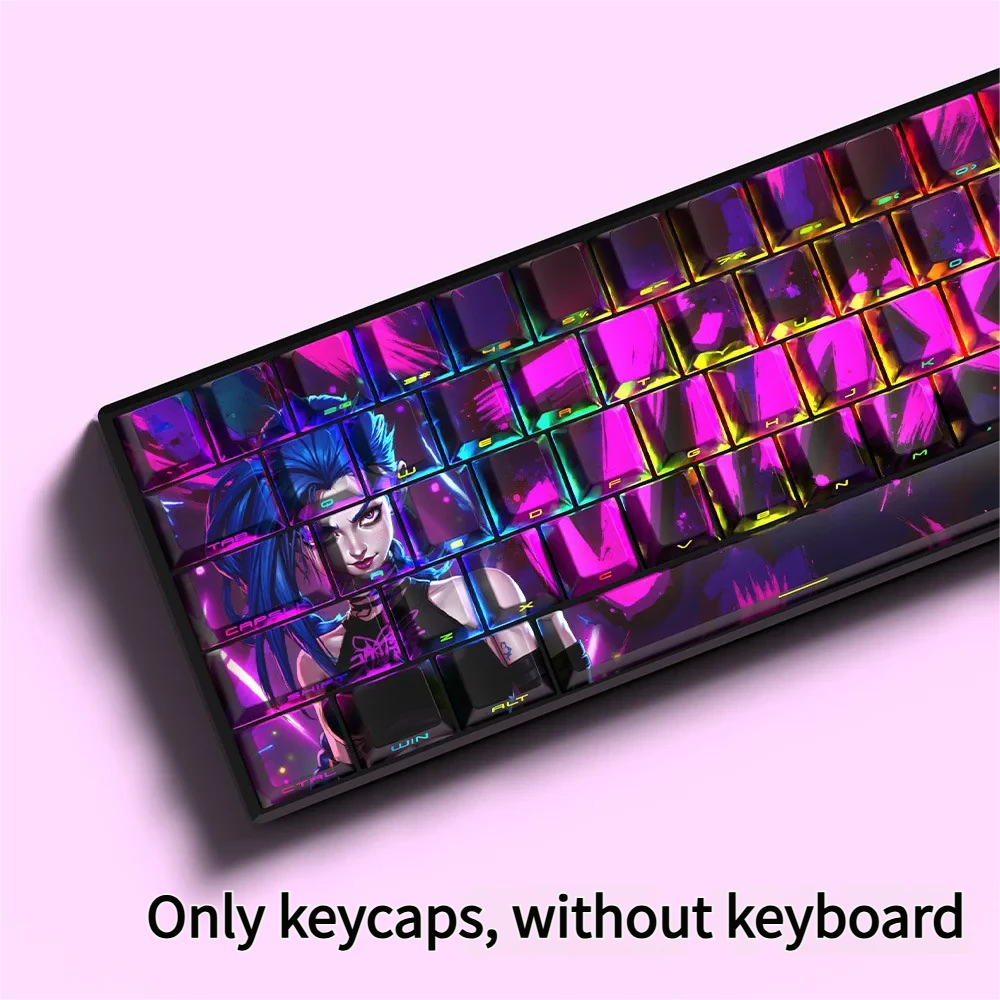 Multiple angles of dynamic Side-Lit PBT Jinx keycaps set showcasing vibrant blue and pink legends with explosive Jinx-themed chaos for unique gaming setup.