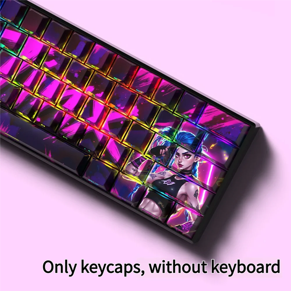 Multiple angles of side-lit PBT Jinx keycaps set. Vibrant blue and pink side-engraved legends dynamically illuminate, embodying Jinx's explosive chaos.