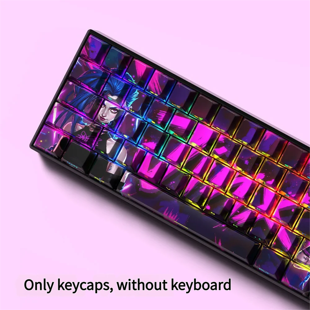 Side-lit PBT Jinx keycaps set from multiple angles, highlighting vibrant blue and pink chaos, iconic Jinx theme, and dynamic RGB-ready side-engraved legend.