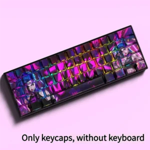 Side-lit PBT Jinx keycaps set bursting with vibrant blue and pink, showcasing side-engraved legends for explosive RGB chaos. Unleash Jinx's iconic theme.