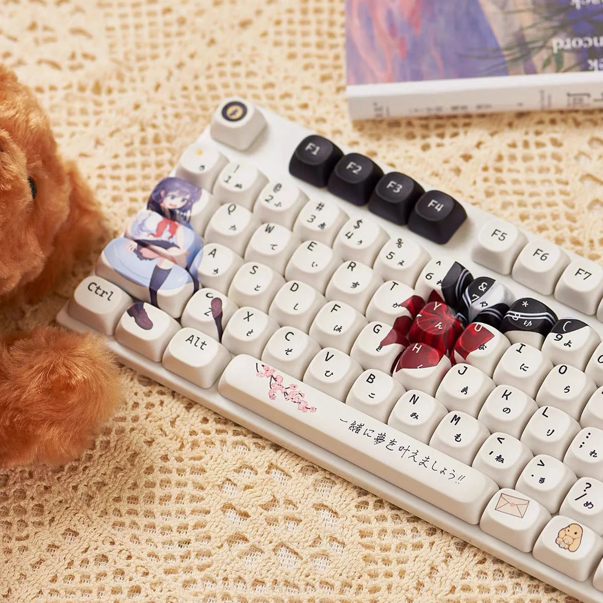 Charming JK Girl PBT anime keycaps set from different angles, showcasing original custom designs. Playful JK keycaps with a Japanese schoolgirl aesthetics.