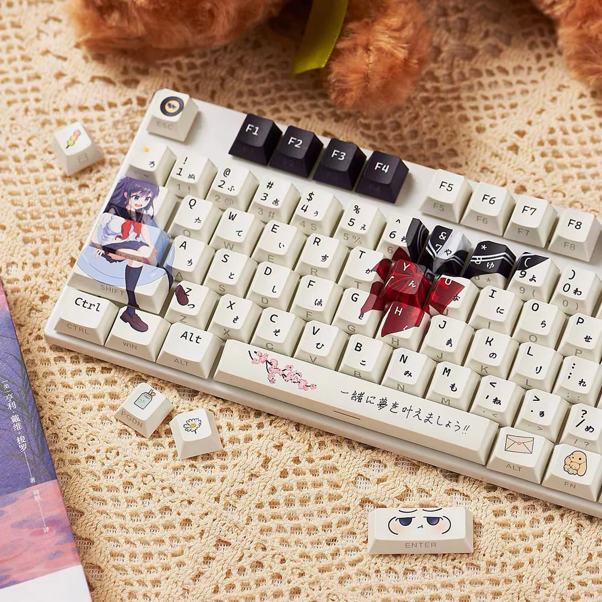 A playful gallery view of the Charming JK Girl PBT Anime Keycaps Set, showcasing various original custom keycaps with Japanese schoolgirl art from multiple angles.