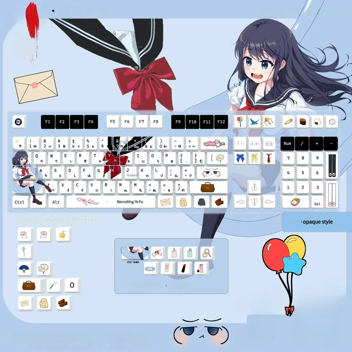 Charming JK Girl PBT anime keycaps set displayed from multiple angles. Highlights original custom art and the playful Japanese schoolgirl aesthetic.
