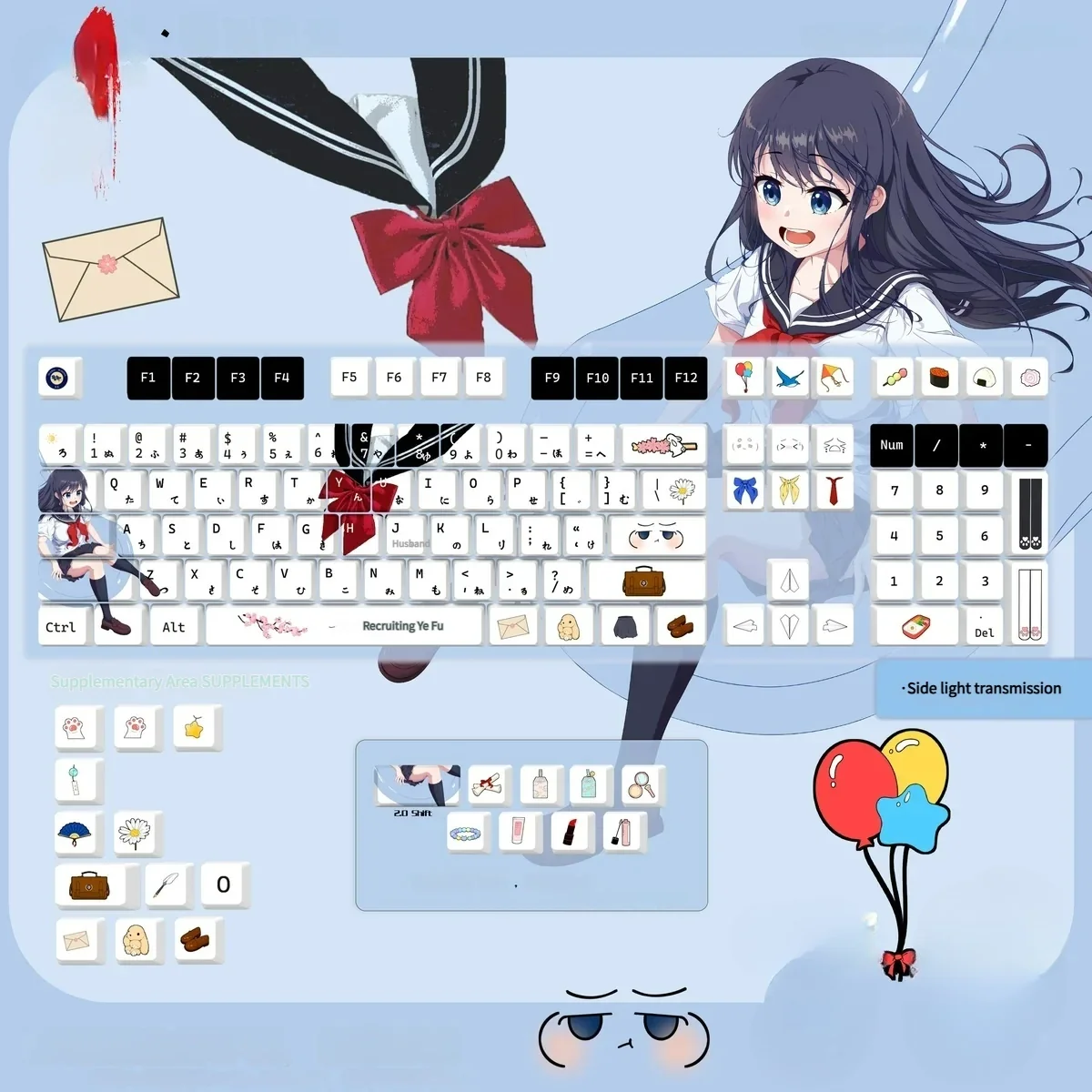 Charming JK Girl PBT anime keycaps set, a side-lit small full set featuring original character art, perfect for custom keyboards.