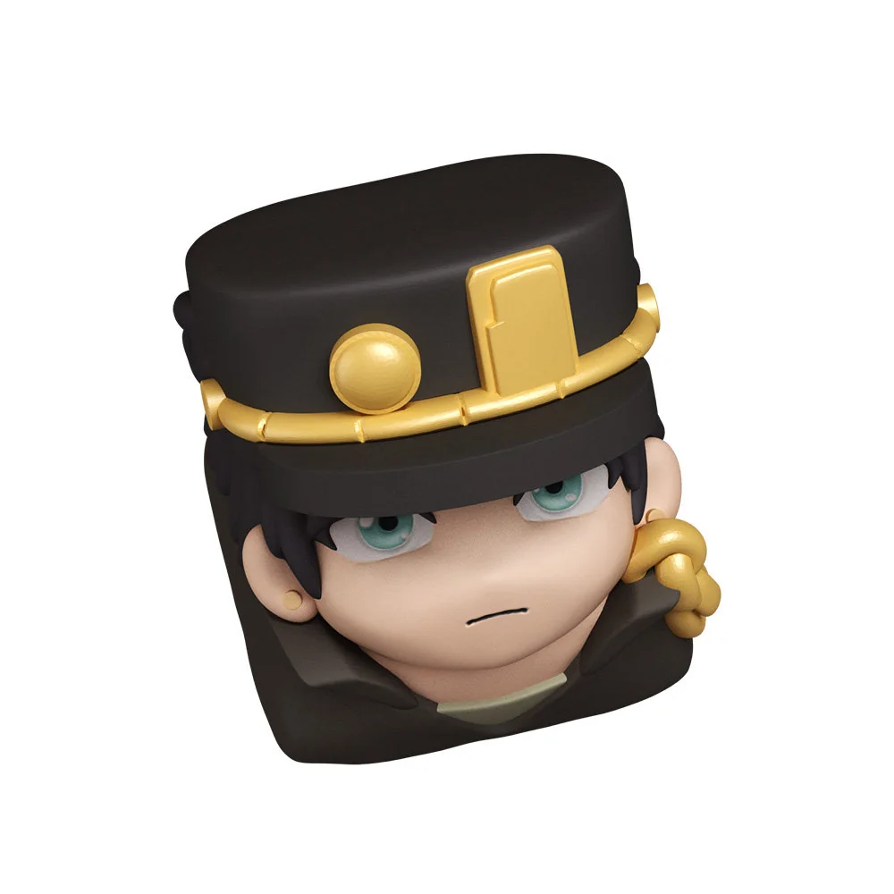 A vibrant, 3D printed Jotaro Kujo Jojo keycap from Jojo's Bizarre Adventure, showcasing its iconic anime character design from multiple artistic angle.