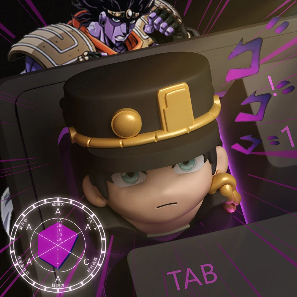 Jotaro Kujo Jojo keycap shown from multiple angles, highlighting its vibrant anime character design and detailed 3D printed texture. An iconic Jojo's design.