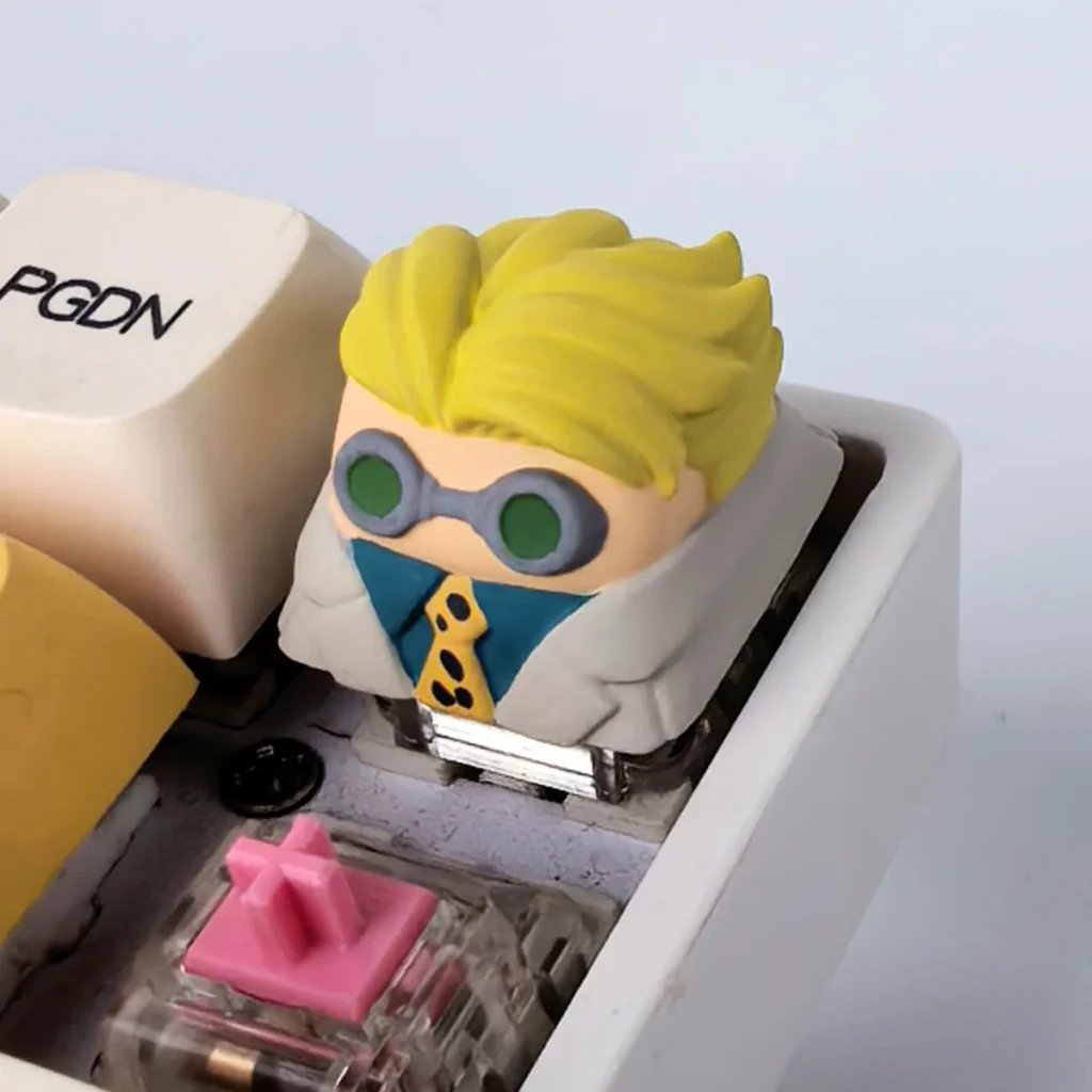 Close-up of a premium handcrafted Jujutsu Kaisen keycap, featuring intricate, hand-sculpted anime character art from iconic moments.