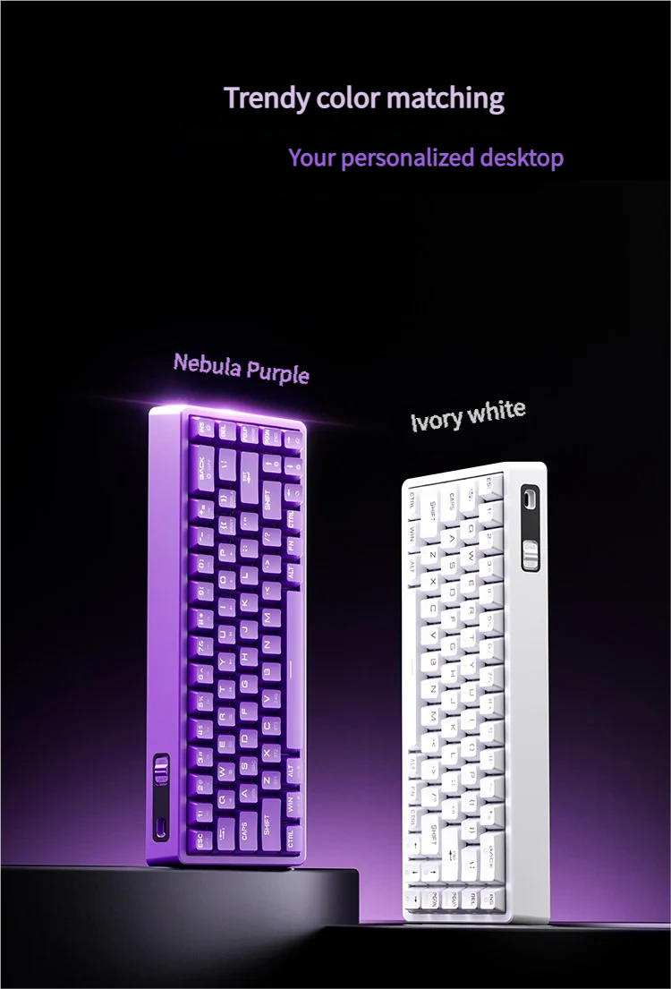 Premium KB02 Tri-Mode Hot-Swappable 68-key mechanical keyboard in stunning Nebula Purple, showcasing its sleek, futuristic design and vibrant RGB light.