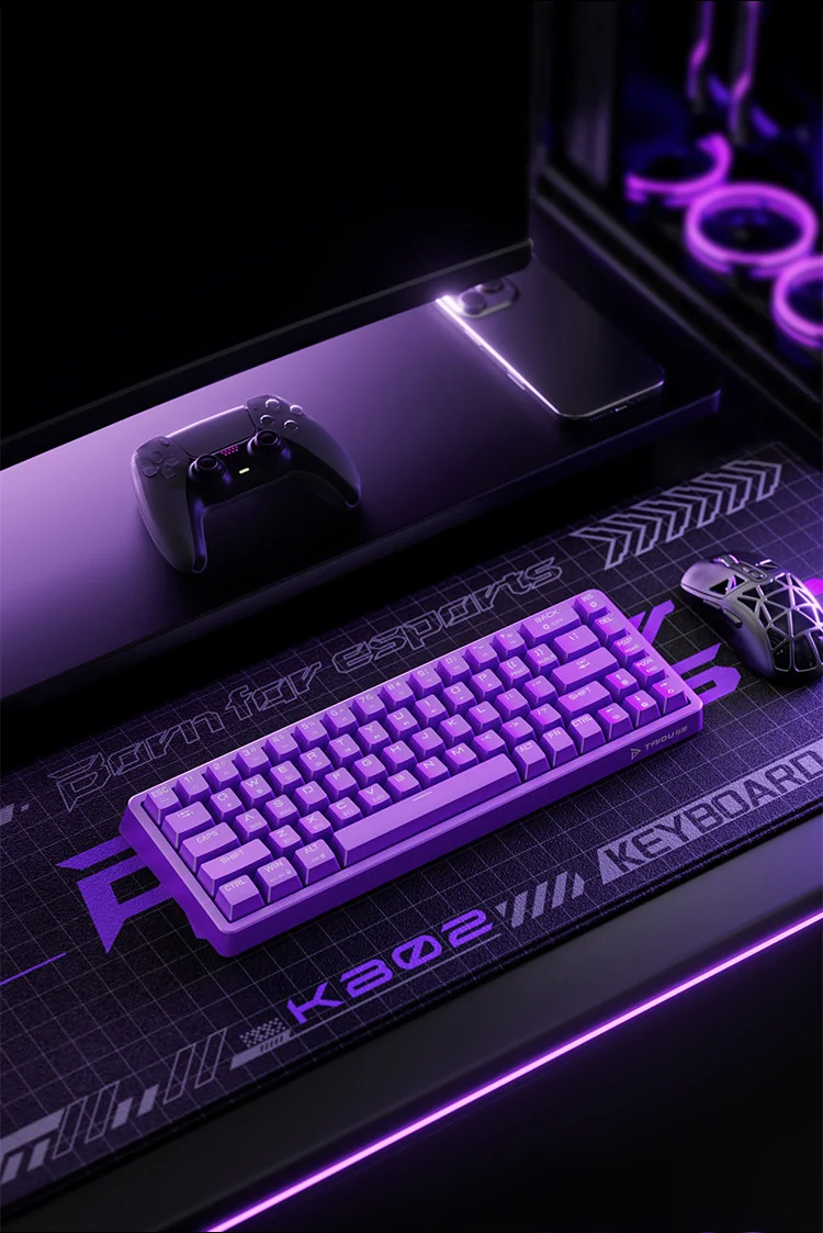 KB02 Tri-Mode mechanical keyboard with hot-swappable keys, showcasing its premium, futuristic design and long-lasting battery.