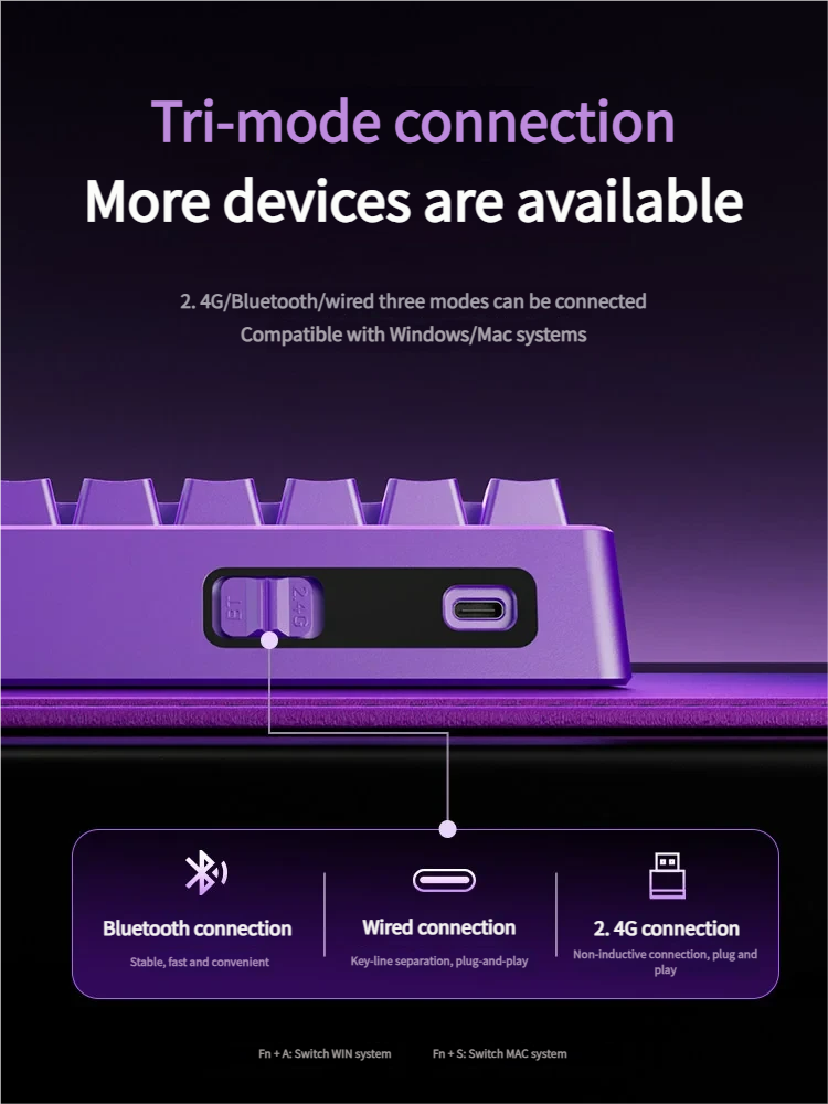 Sleek KB02 Tri-Mode Hot-Swappable 68-Key Mechanical Keyboard in a gallery view, showcasing its futuristic design, vibrant RGB lighting design.