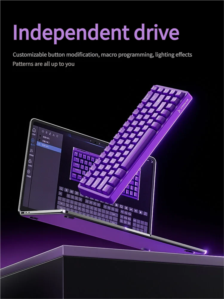 KB02 Tri-Mode Hot-Swappable 68-Key Mechanical Keyboard shown from multiple angles, featuring its sleek, futuristic look, vibrant RGB.