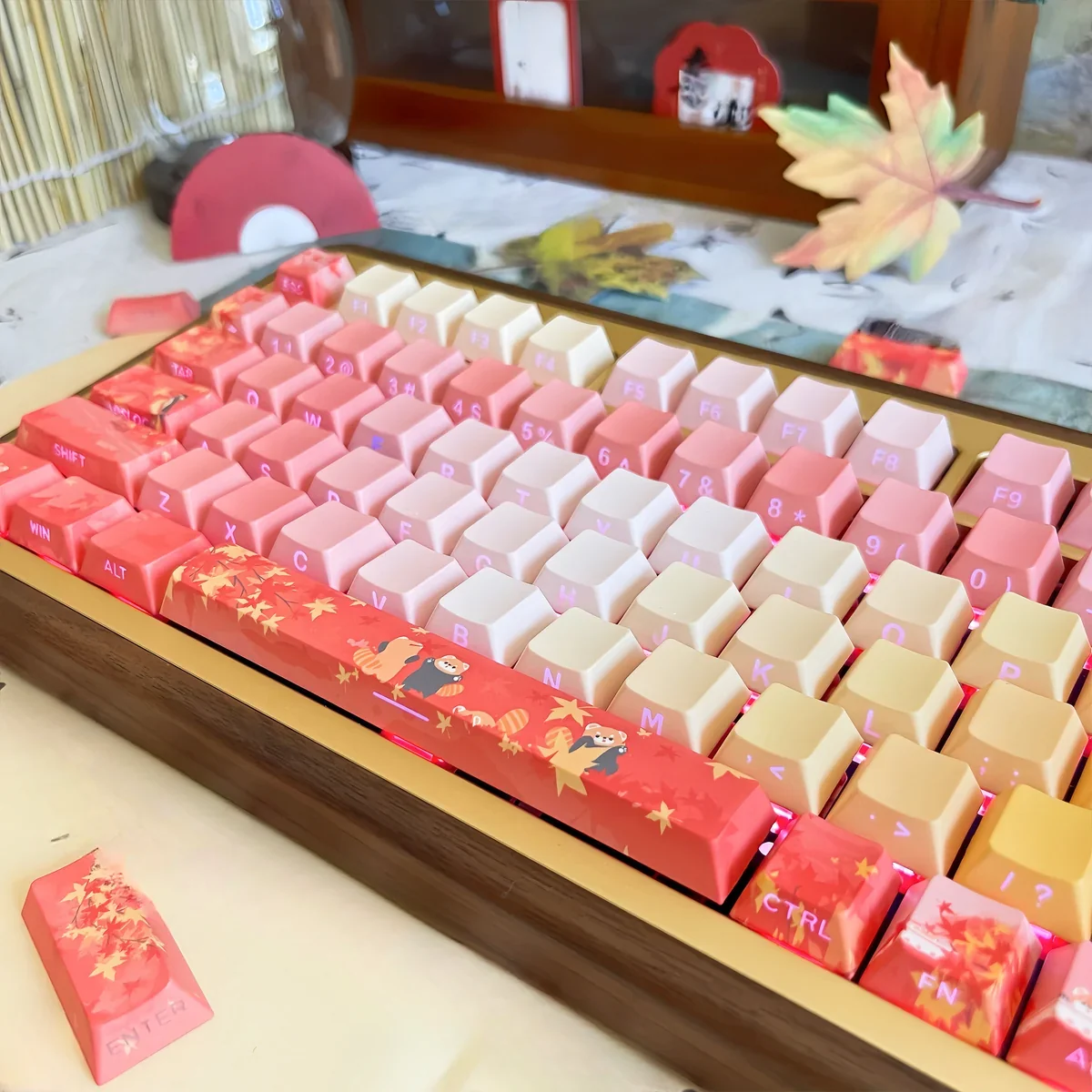 Exquisite Autumn Maple PBT Keycaps Set, various views highlighting vibrant red art and serene maple, perfectly backlit.
