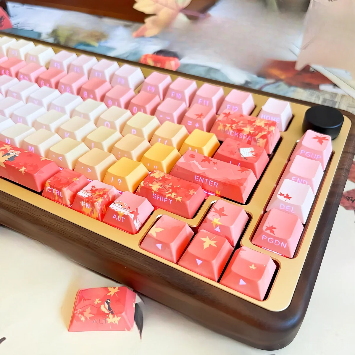 Close-up of Autumn Maple PBT keycaps set, showcasing exquisite traditional art and vibrant autumnal hues designed for backlight glow.