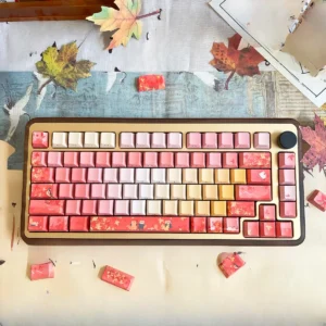 Exquisite Autumn Maple PBT keycaps set, showcasing vibrant red and autumnal art from multiple angles, designed for beautiful backlight design.