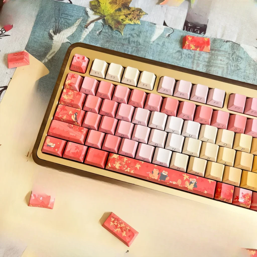 Autumn Maple Keycaps set, main image featuring exquisite traditional PBT art with vibrant red hues, perfect for backlight.