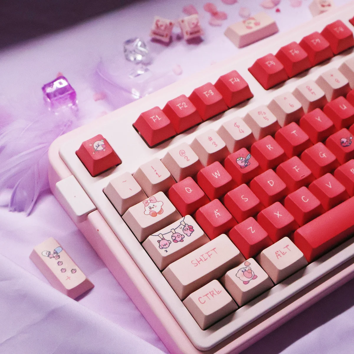 Playful Kirby PBT dye-sub keycaps set showcase vibrant character art from multiple angles, emphasizing the premium material and charming, pastel-infused design.