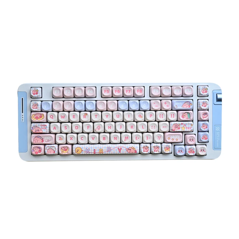 Close-up views of adorable Kirby PBT MOA keycaps set from various angles, highlighting their whimsical pastel pink characters and dreamy aesthetic for mechanical keyboard.