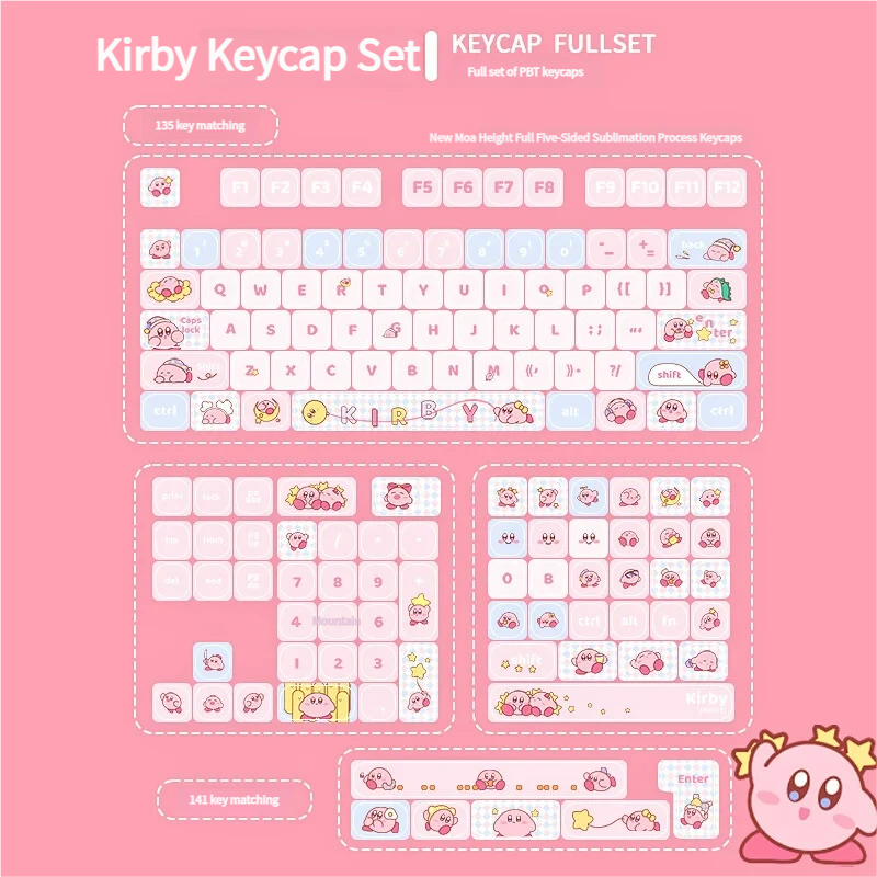 A neatly boxed full set of adorable pastel pink Kirby PBT MOA keycaps set, complete with a keycap puller, ready for whimsical keyboard joy.