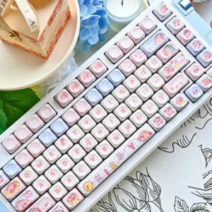 Adorable Kirby PBT MOA mechanical keycaps set in whimsical pastel pink, featuring charming Kirby characters for a joyful keyboard setup.