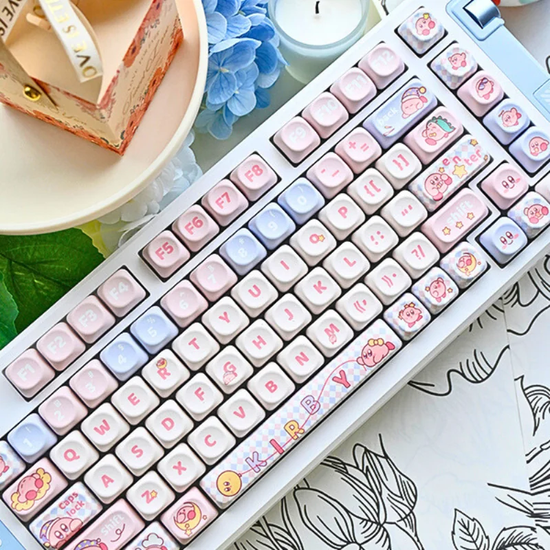 Adorable Kirby PBT MOA mechanical keycaps set in whimsical pastel pink, featuring charming Kirby characters for a joyful keyboard setup.