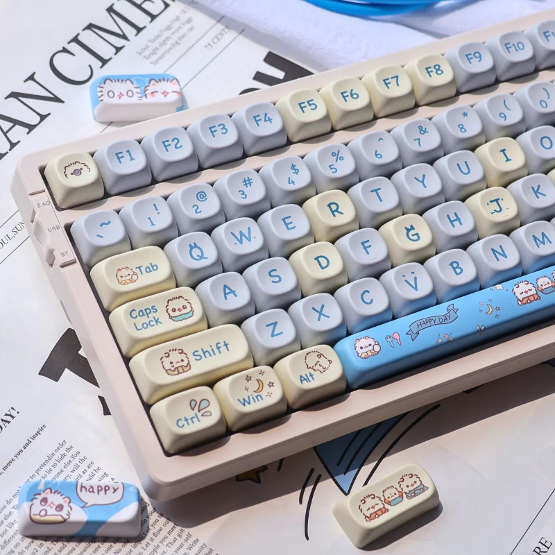 Explore charming whimsical kitten keycaps set from multiple angles. Adorable pastel designs on durable PBT, highlighting the uniform MOA profile.