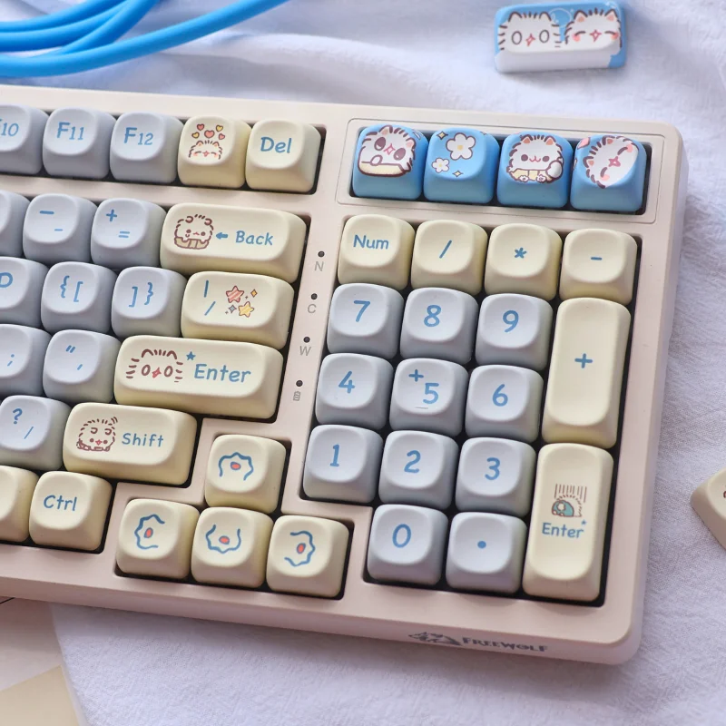 Adorable whimsical kitten PBT keycaps set in MOA profile, showcasing soft pastel cartoon cat designs and durable material from various playful angles.