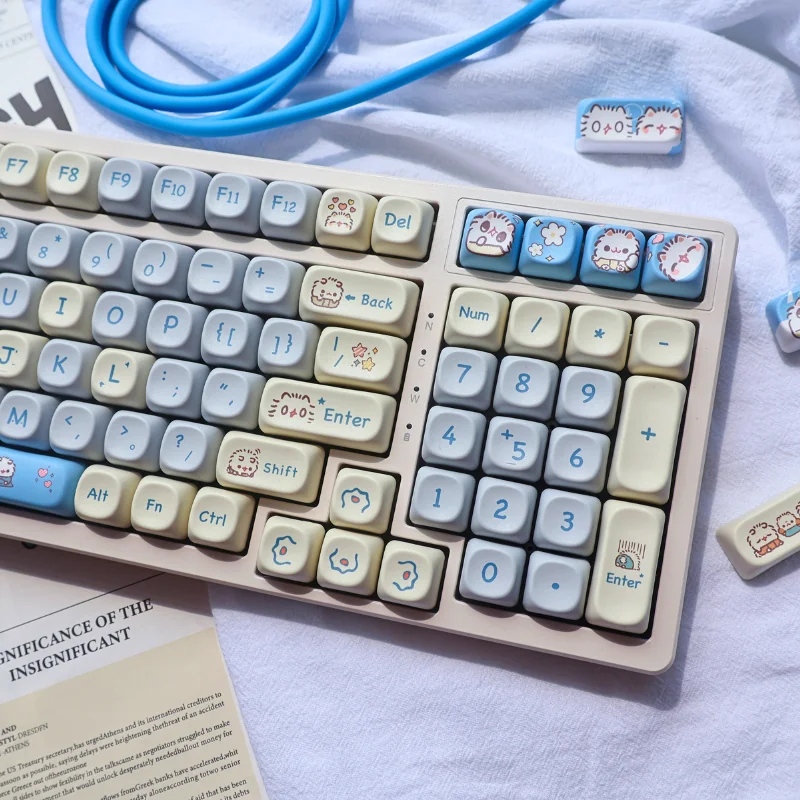 A collection of whimsical kitten keycaps set in MOA profile, showcasing adorable pastel PBT designs from different angles, highlighting their playful characters.