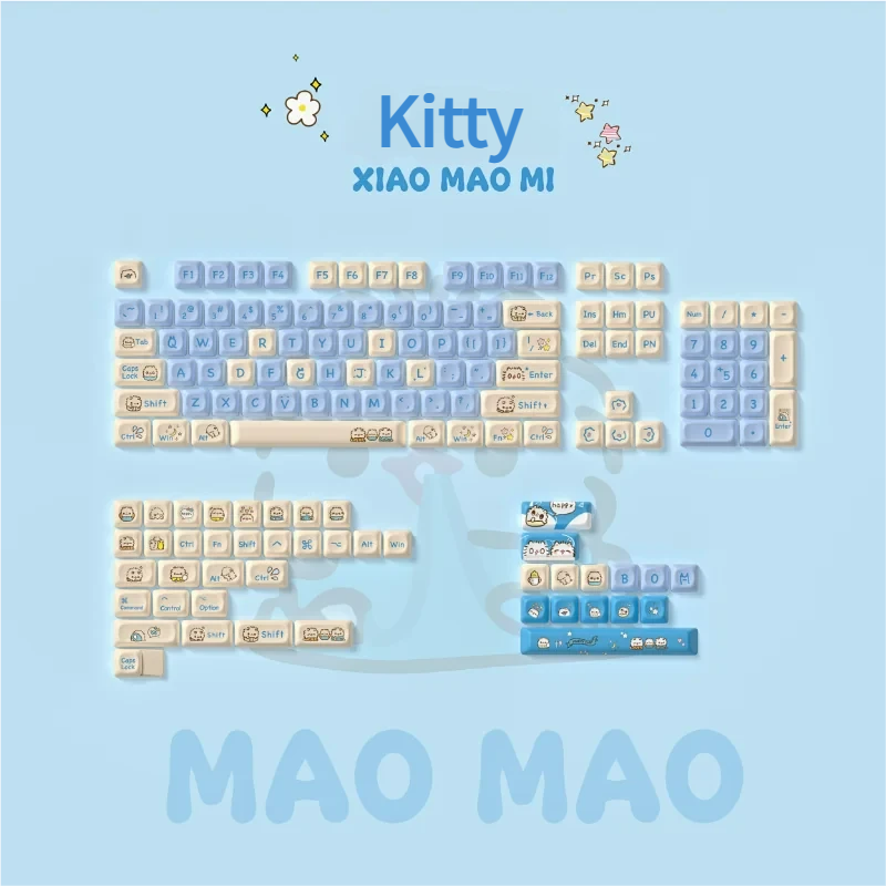 Whimsical kitten PBT 144-key full keycap set in a charming dustproof jar, complete with a keycap puller. Adorable pastel MOA profile design.