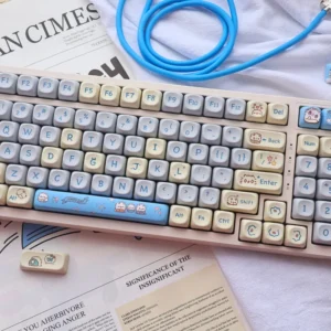 Adorable whimsical kitten keycaps in a durable PBT MOA profile set, featuring soft pastel cartoon cat designs for a playful mechanical keyboard.