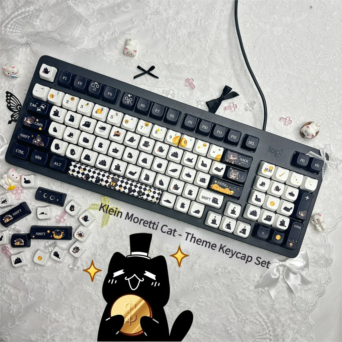 A playful gallery of exclusive Klein Moretti Cat keycaps set from the Lord of Mysteries set, showcasing whimsical chibi feline designs from multiple angles.