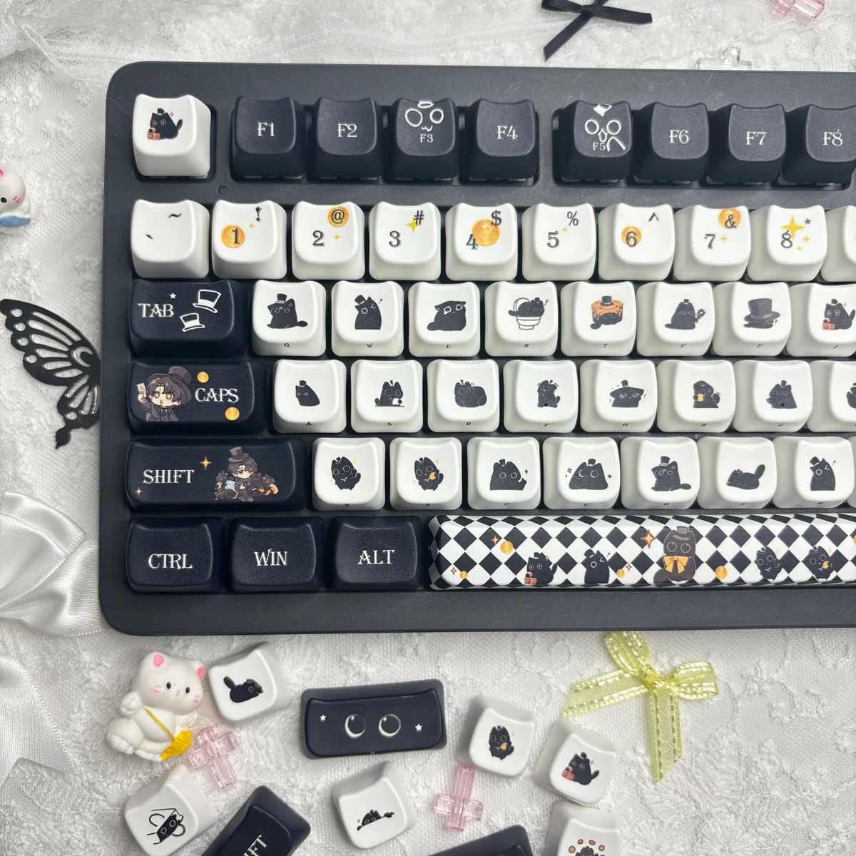 Explore playful Klein Moretti Cat keycaps set from the exclusive LoM Feline Set, detailing their whimsical chibi design from every angle.