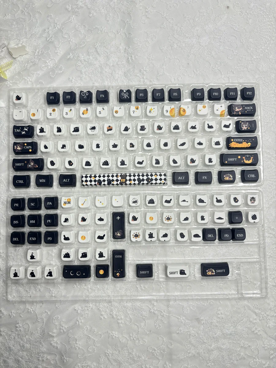 Close-up views of the whimsical Klein Moretti Cat Keycaps Set from the LoM Feline Set, showcasing the exclusive chibi-style Lord of Mysteries design from various angles.