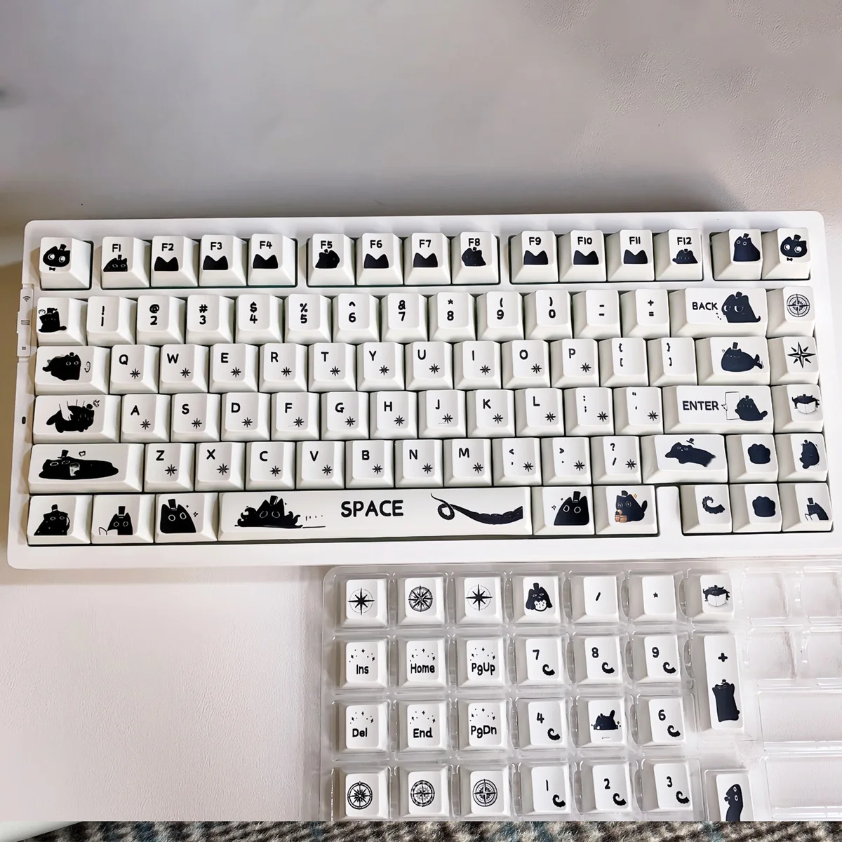Klein Moretti cat keycaps set PBT artistry set, viewed from multiple angles. Highlights iconic minimalist feline designs and premium PBT, for a modern abstract design.