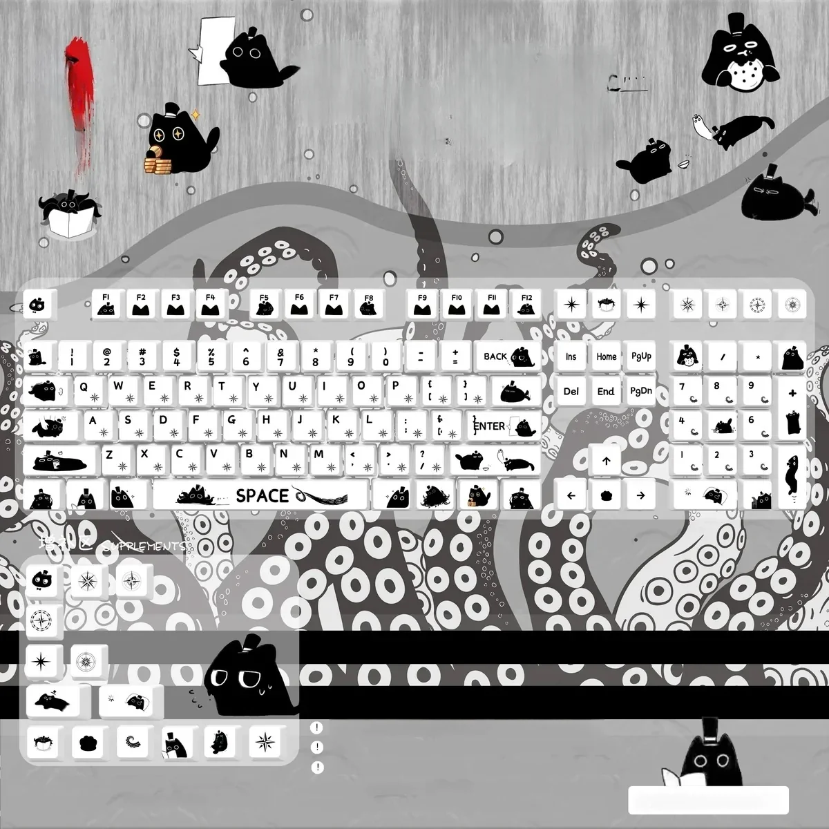 Gallery of Klein Moretti Cat PBT keycaps set, revealing their striking iconic feline art and premium PBT material from various angles for keyboard enthusiast.