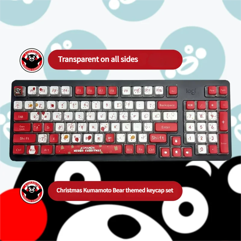 A collection of playful Kumamon Christmas PBT keycaps set from various angles, showcasing their vibrant festive designs and glowing four-sided RGB translucent design.
