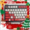 Multiple angles of Kumamon Christmas PBT keycaps set, highlighting vibrant festive designs and glowing four-sided RGB translucency.