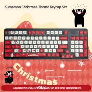 Main product image showcasing playful Kumamon Christmas keycaps set with vibrant festive illustrations and brilliant four-sided RGB translucent PBT glow.