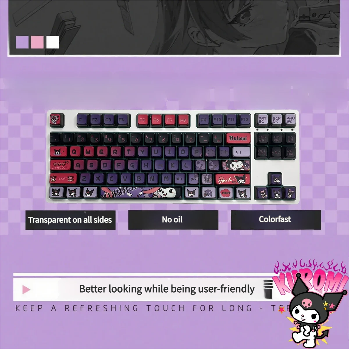 Mischievous Kuromi RGB pudding keycaps set displayed from multiple angles, highlighting vibrant purple and pink character designs with a dazzling translucent design.